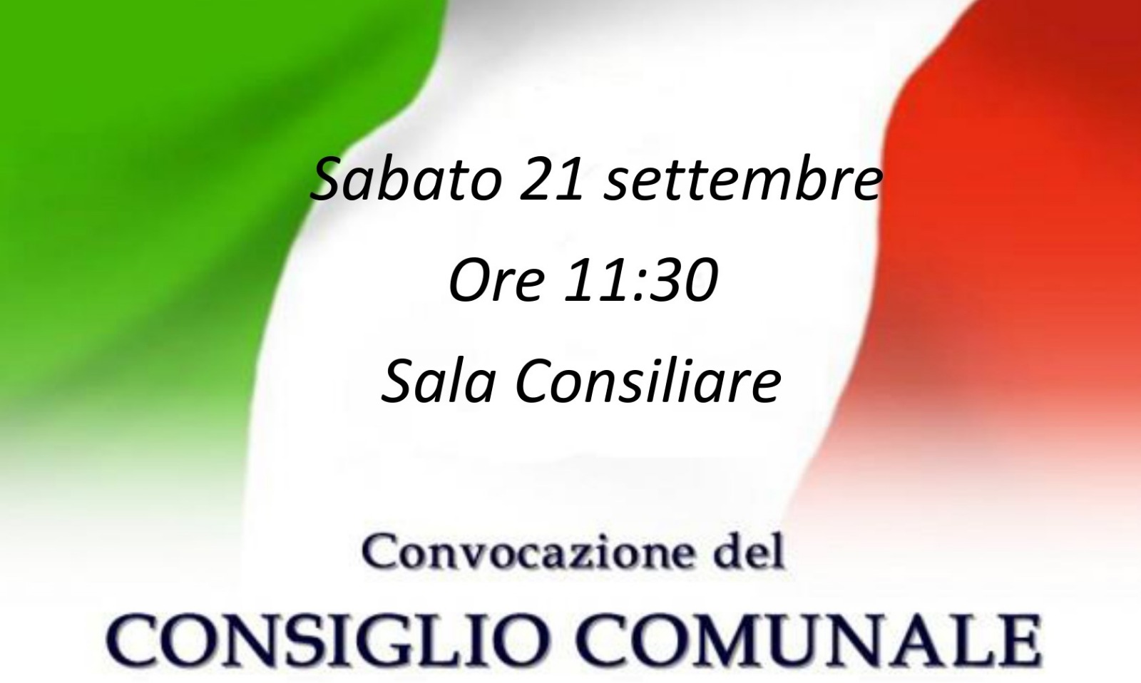 Convocazione del Consiglio comunale per sabato 21 settembre, ore 11:30 Sala Consiliare